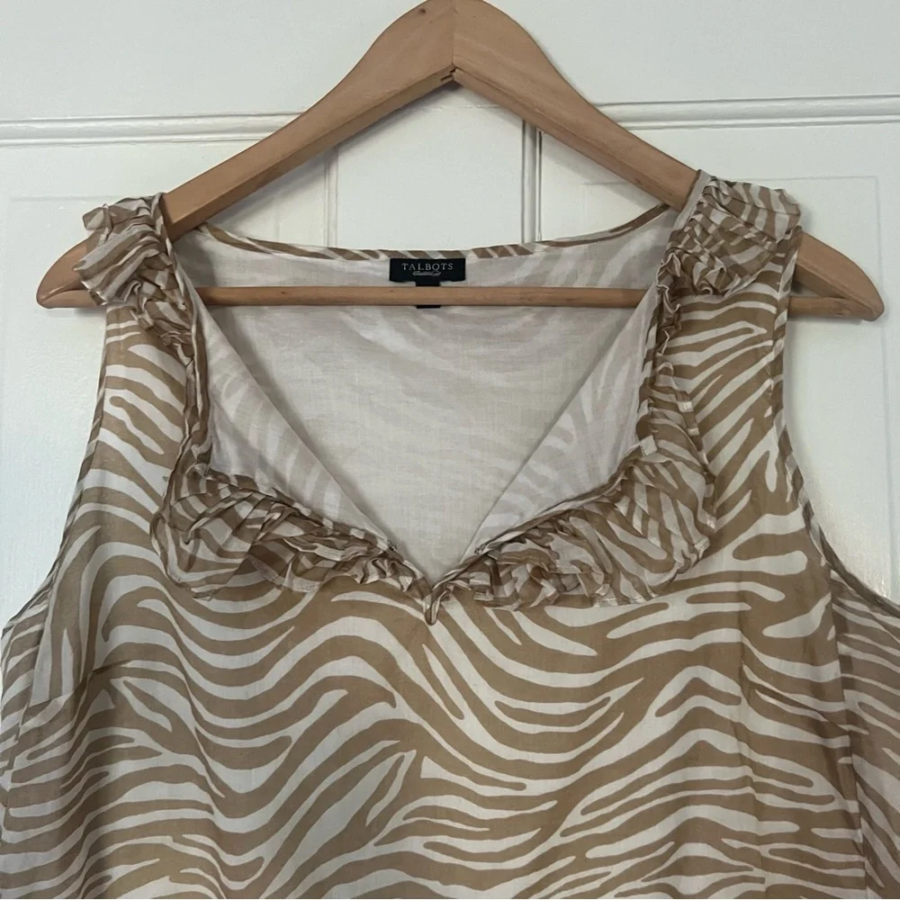 TALBOTS 100% Cotton Lined Tan White Blouse Size 16 - Picture 8 of 8